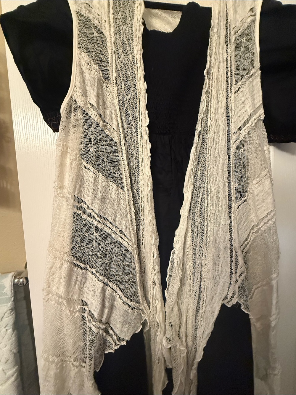 Boho Open-Front Crochet Vest - Cream